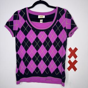 Vtg Y2K Hot Pink Black Argyle Sweater Preppy Shirt Whimsygoth Grunge Fairy 90s M